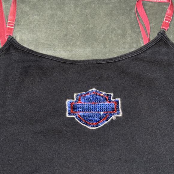 Harley-Davidson Tank Top Women XL Black Sequin Logo Y2K Red Straps Sturgis, MI - Picture 5 of 10